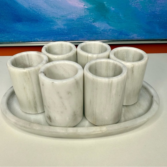 Marble Shot Glasses Sake Cups with Tray Set 7 Pieces Vintage Schnapps Gray White